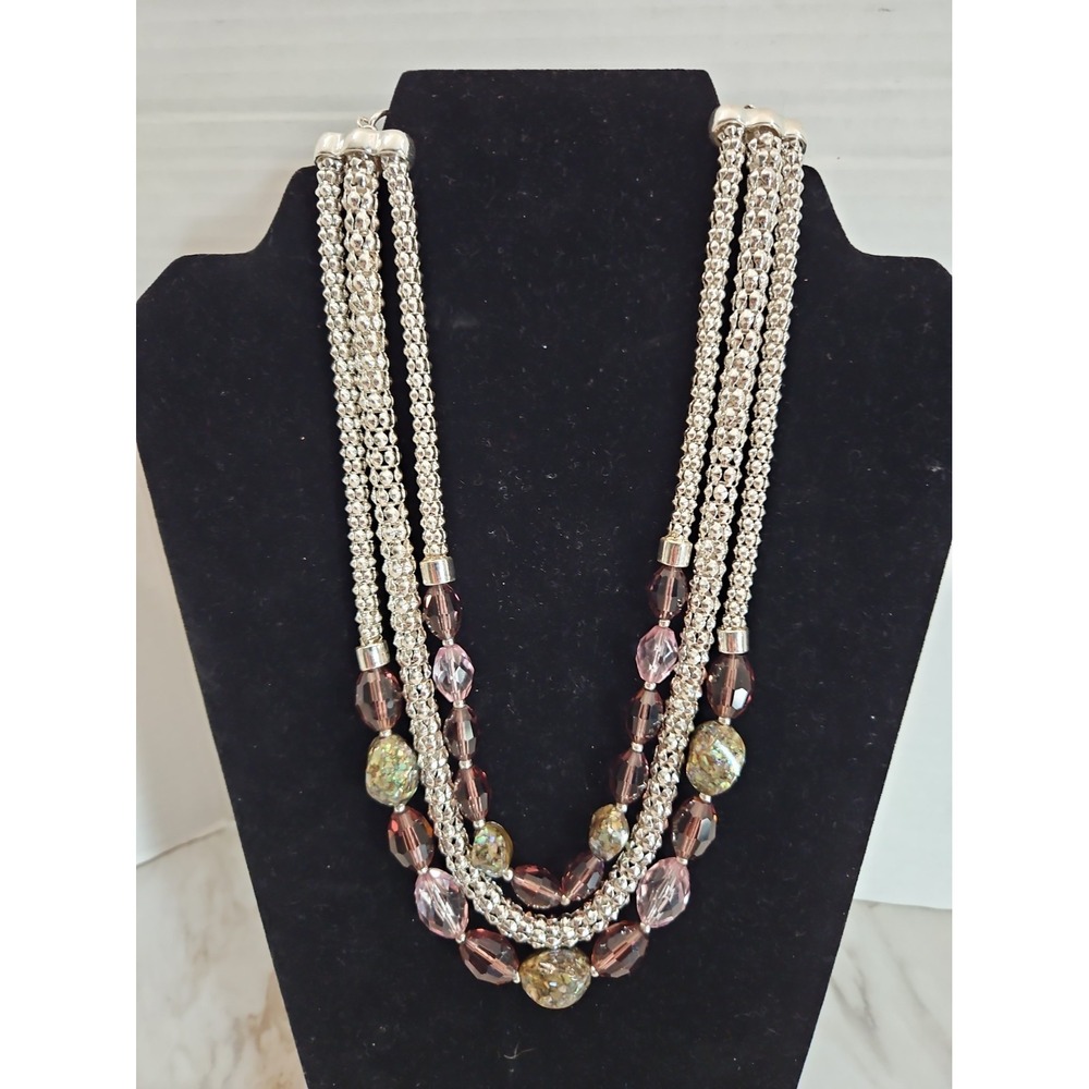 Dana Buchman Faceted Acrylic Purple Lavender Bead Statement Necklace Silver Tone